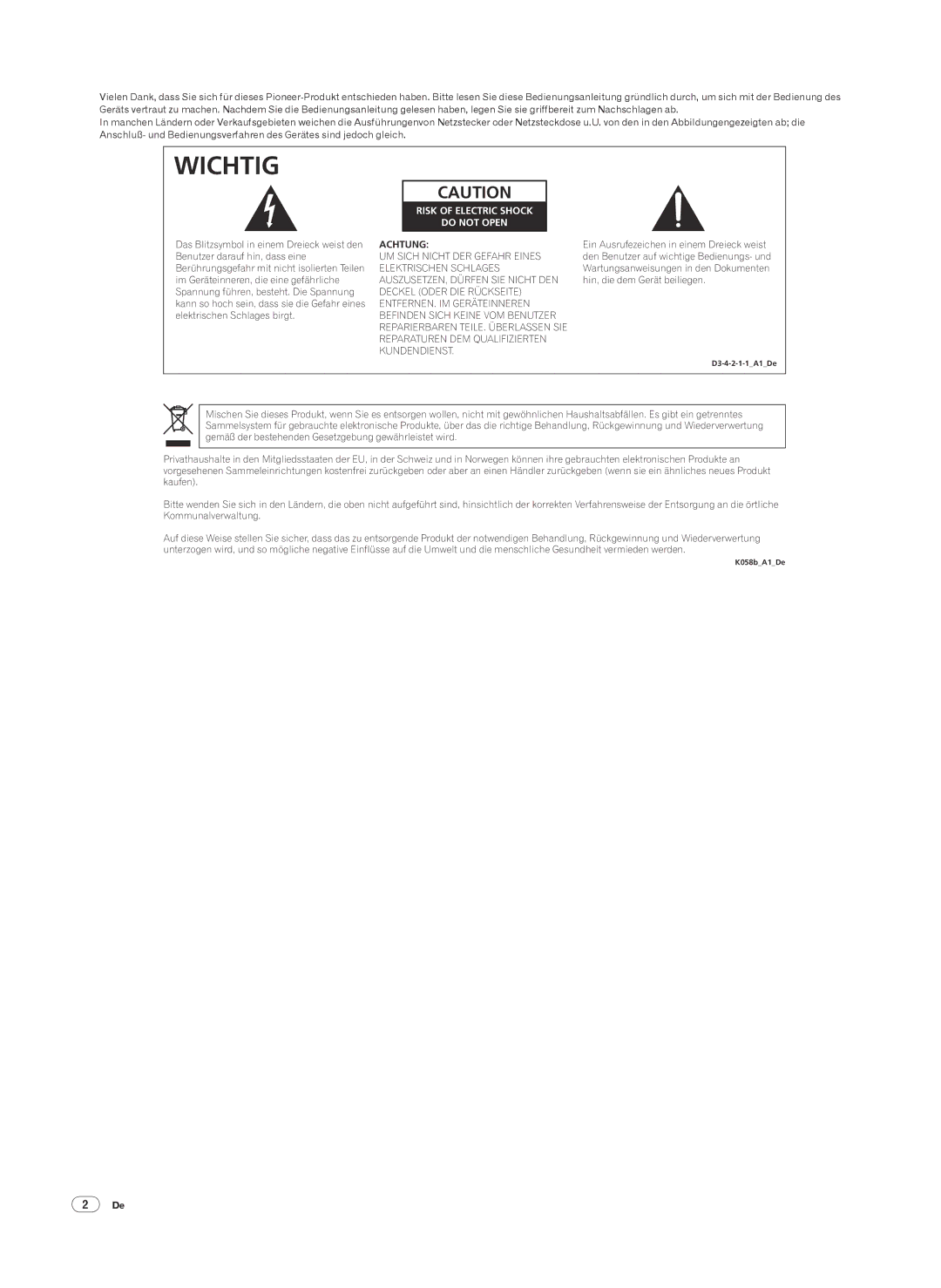 Pioneer DJM-2000 operating instructions Wichtig 