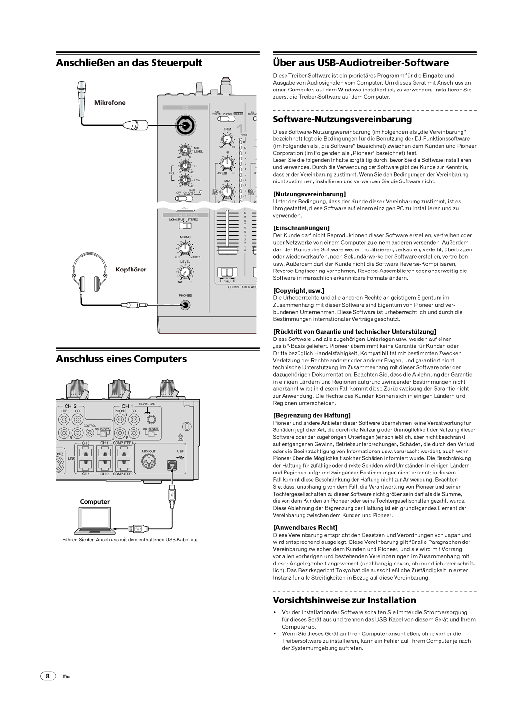 Pioneer DJM-2000 Anschluss eines Computers, Software-Nutzungsvereinbarung, Vorsichtshinweise zur Installation 