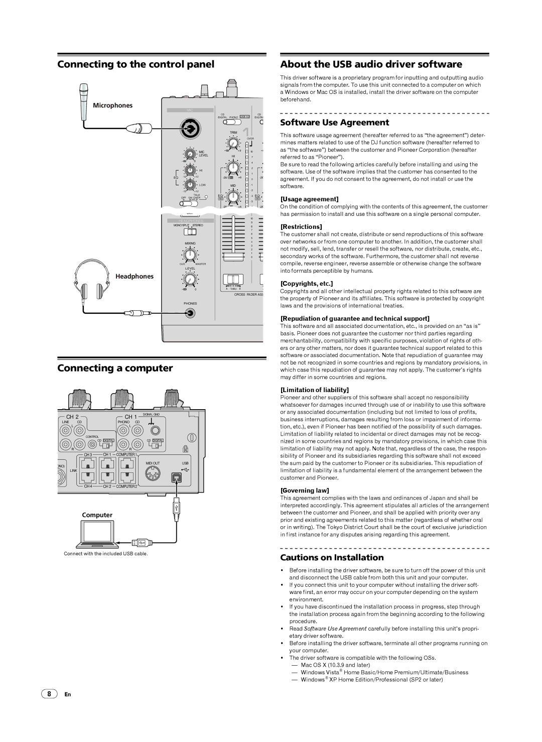 Pioneer DJM-2000 operating instructions Connecting a computer, Software Use Agreement 