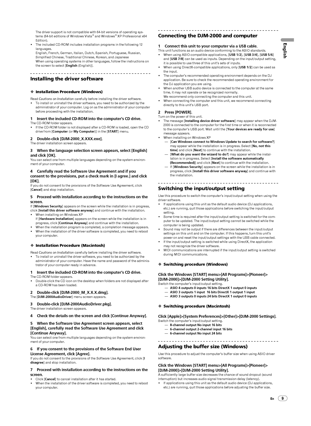 Pioneer Installing the driver software, Connecting the DJM-2000 and computer, Switching the input/output setting 