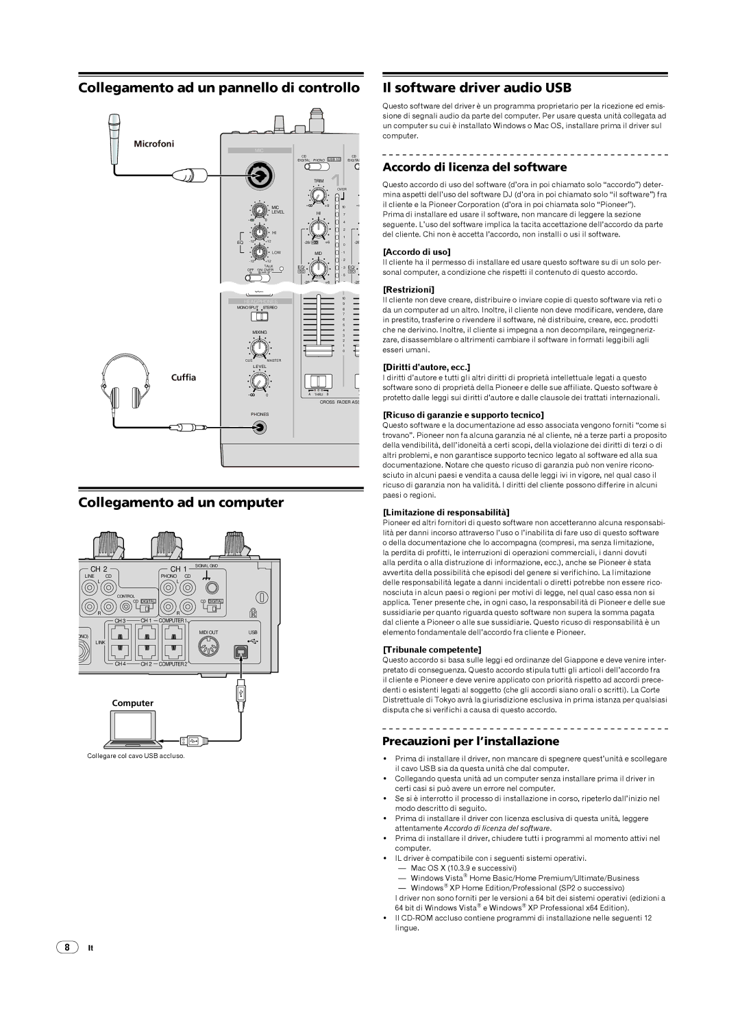 Pioneer DJM-2000 Collegamento ad un computer, Accordo di licenza del software, Precauzioni per l’installazione 