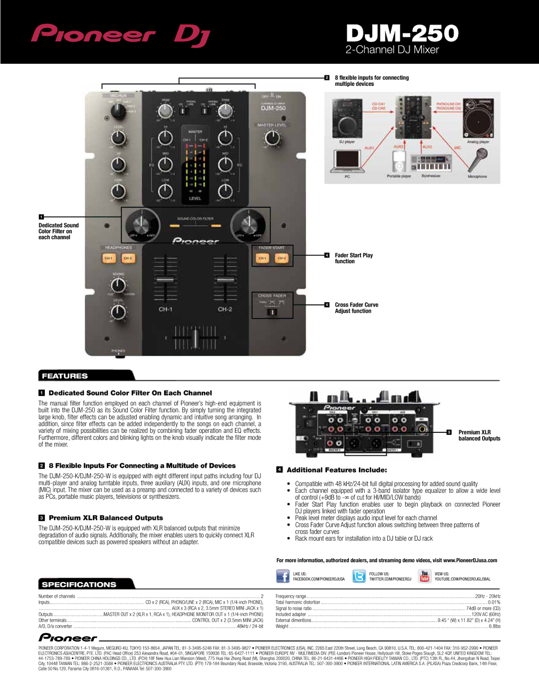 Pioneer DJM-250 manual Features, Specifications 