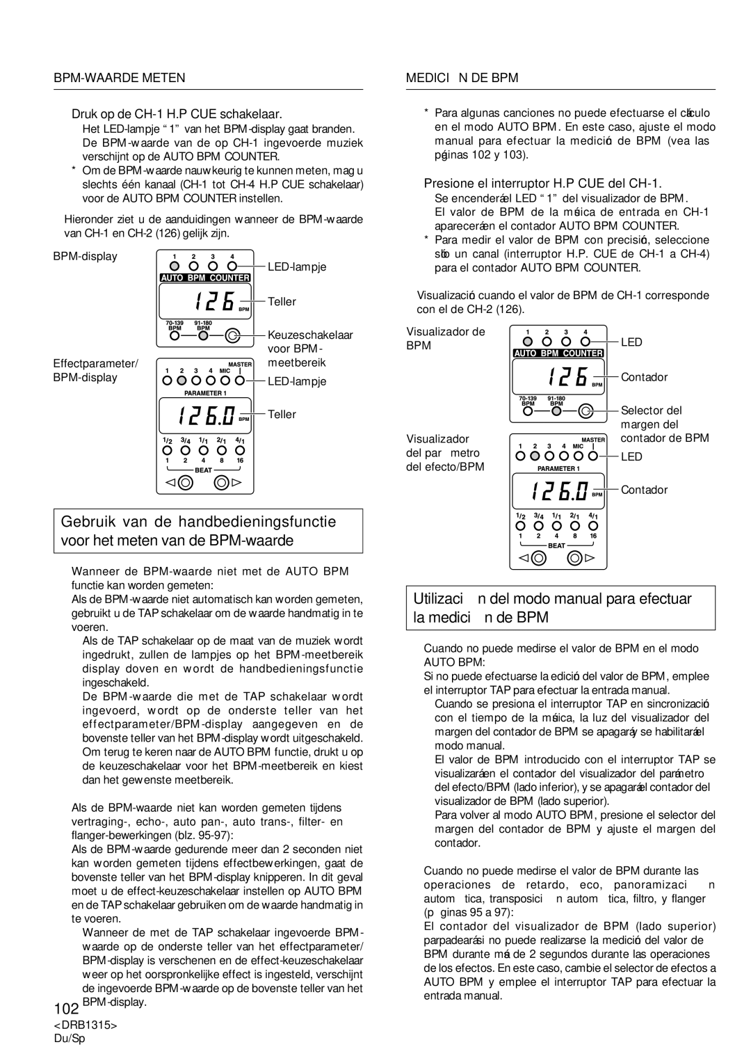 Pioneer DJM-3000 operating instructions BPM-WAARDE Meten, Druk op de CH-1 H.P CUE schakelaar, Medición DE BPM 