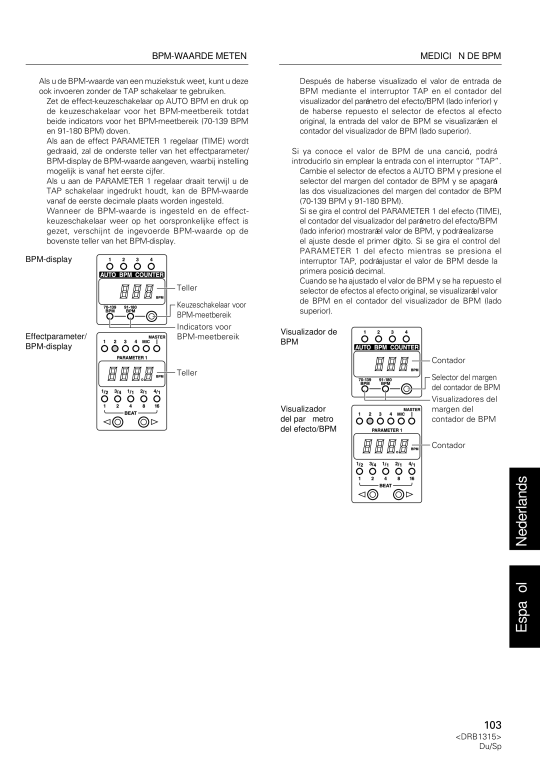 Pioneer DJM-3000 operating instructions BPM-meetbereik, Indicators voor, Visualizadores del 