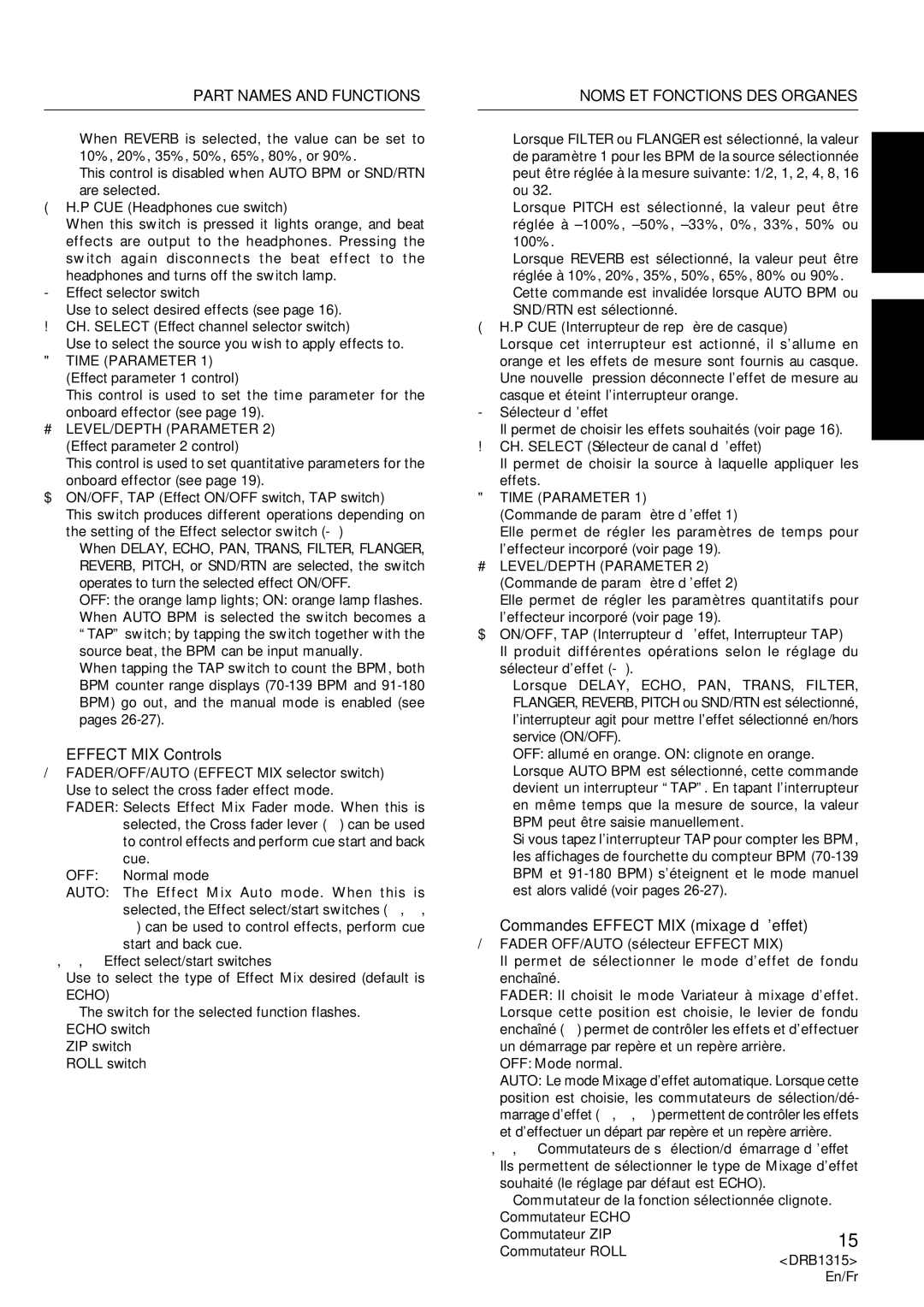 Pioneer DJM-3000 operating instructions Effect MIX Controls, Commandes Effect MIX mixage d’effet, ‹ Time Parameter 