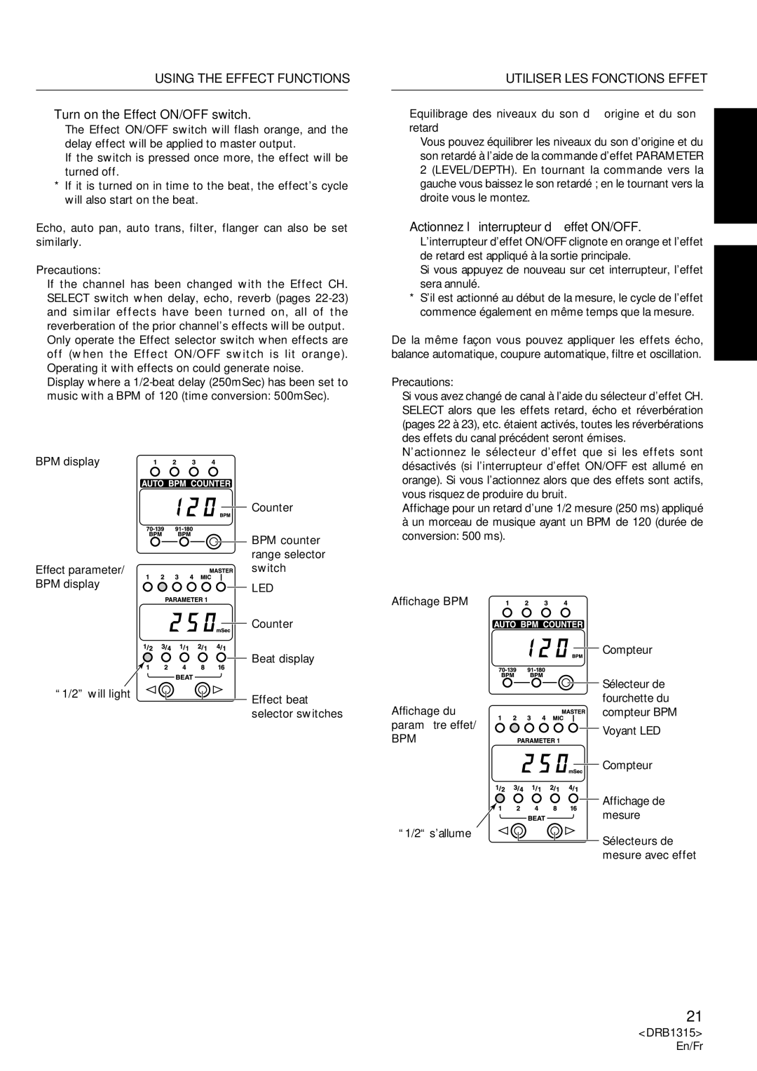 Pioneer DJM-3000 operating instructions Turn on the Effect ON/OFF switch, Actionnez l’interrupteur d’effet ON/OFF, Bpm 