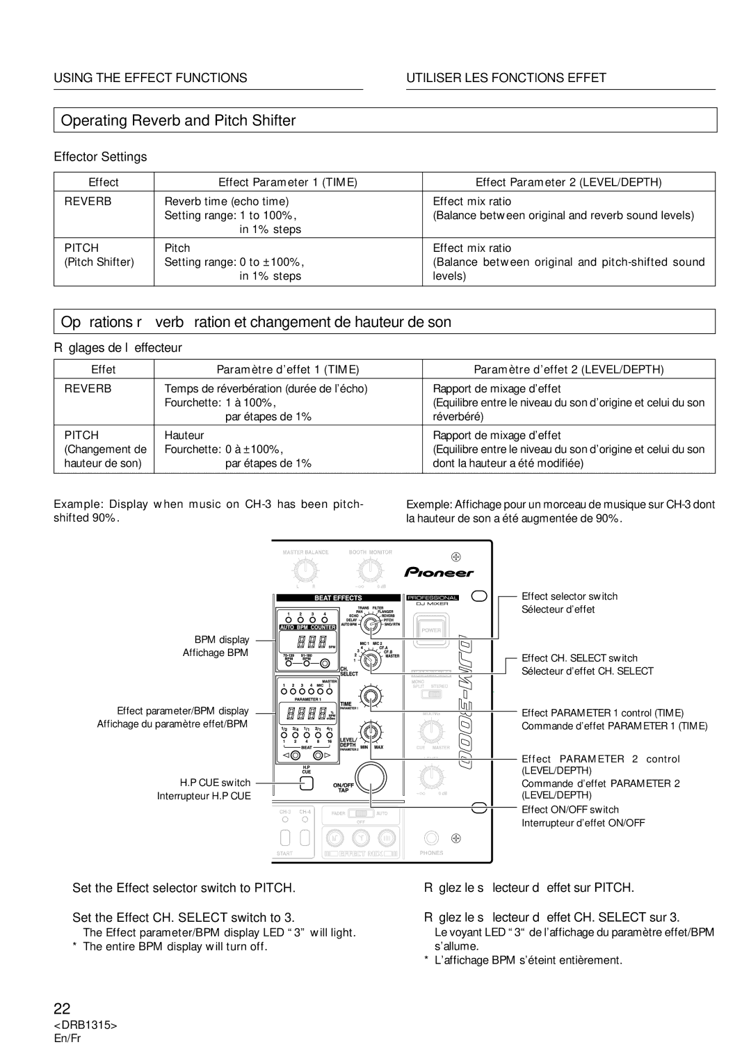 Pioneer DJM-3000 Operating Reverb and Pitch Shifter, Opérations réverbération et changement de hauteur de son 