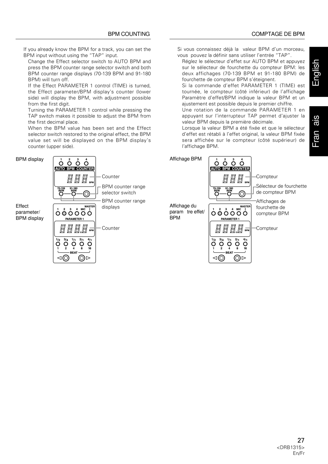 Pioneer DJM-3000 Counter BPM counter range selector switch, Effect displays parameter BPM display, De compteur BPM 