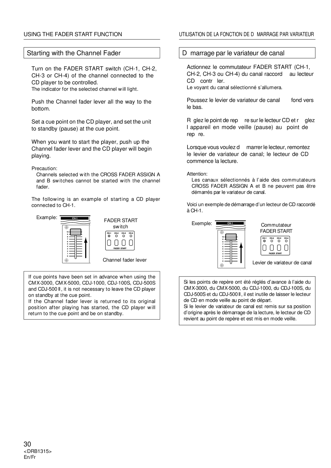 Pioneer DJM-3000 Starting with the Channel Fader, Démarrage par le variateur de canal, Precaution, Fader Start 