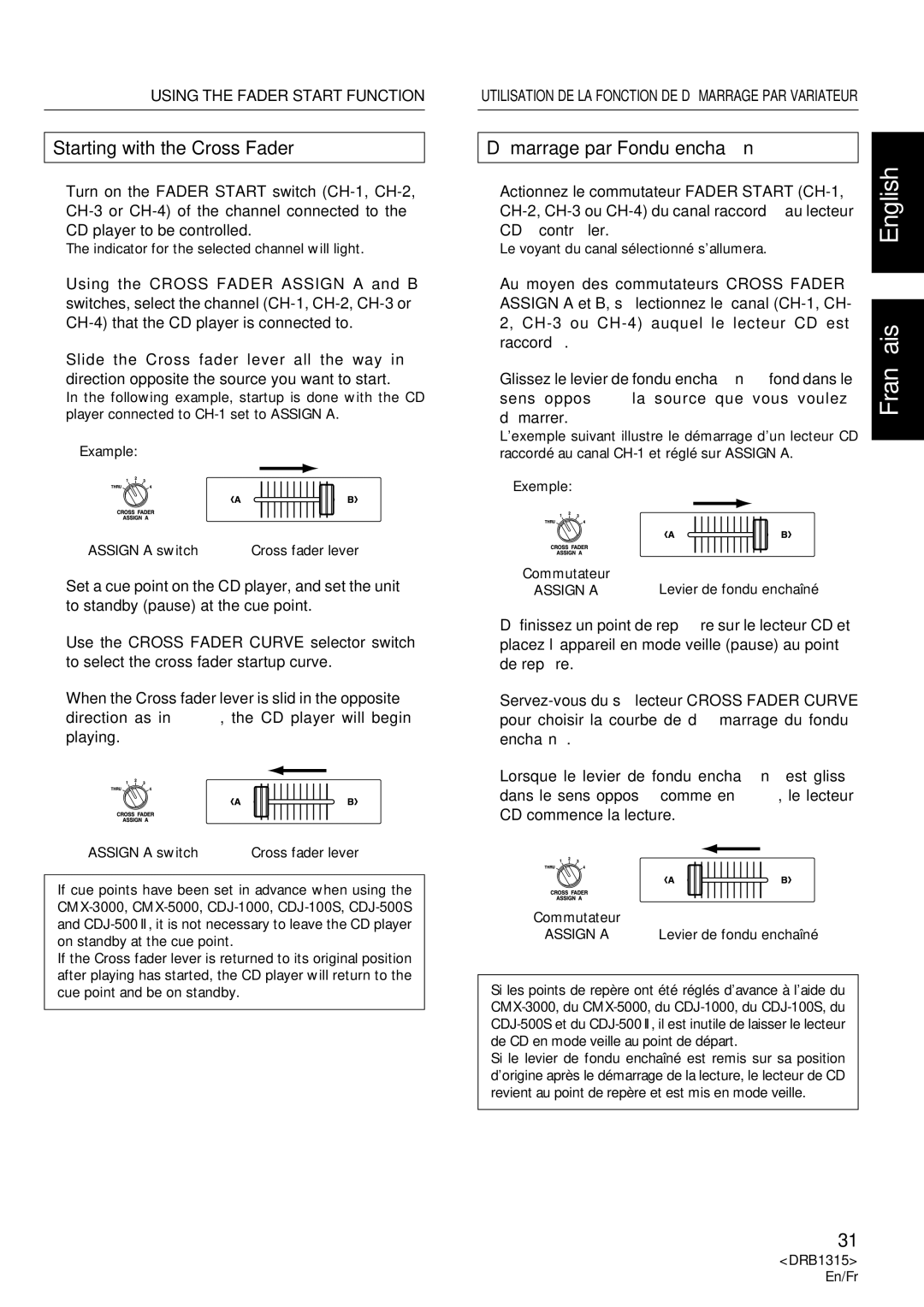 Pioneer DJM-3000 Starting with the Cross Fader, Démarrage par Fondu enchaîné, Actionnez le commutateur Fader Start CH-1 