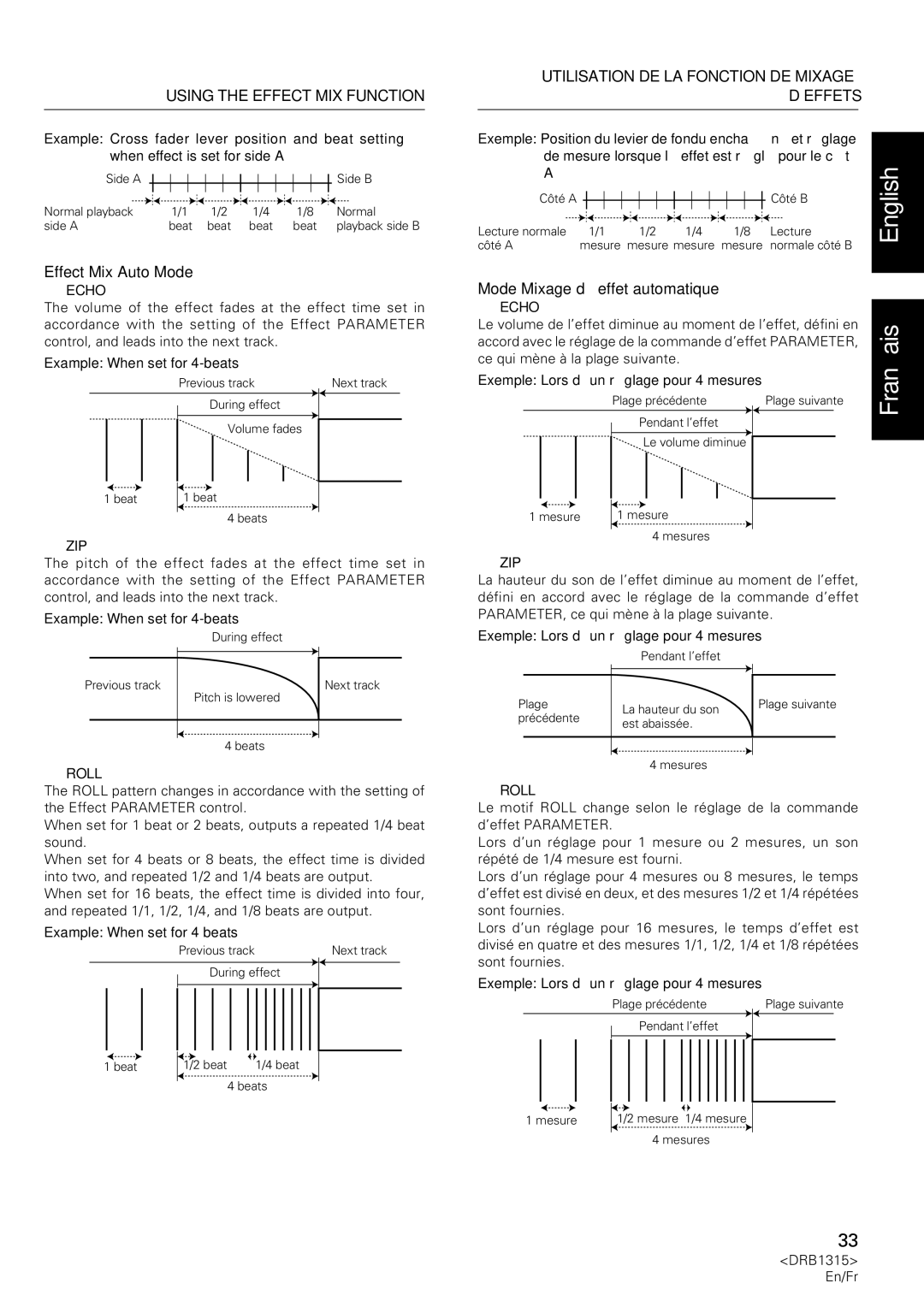 Pioneer DJM-3000 operating instructions Effect Mix Auto Mode, Mode Mixage d’effet automatique, Example When set for 4-beats 