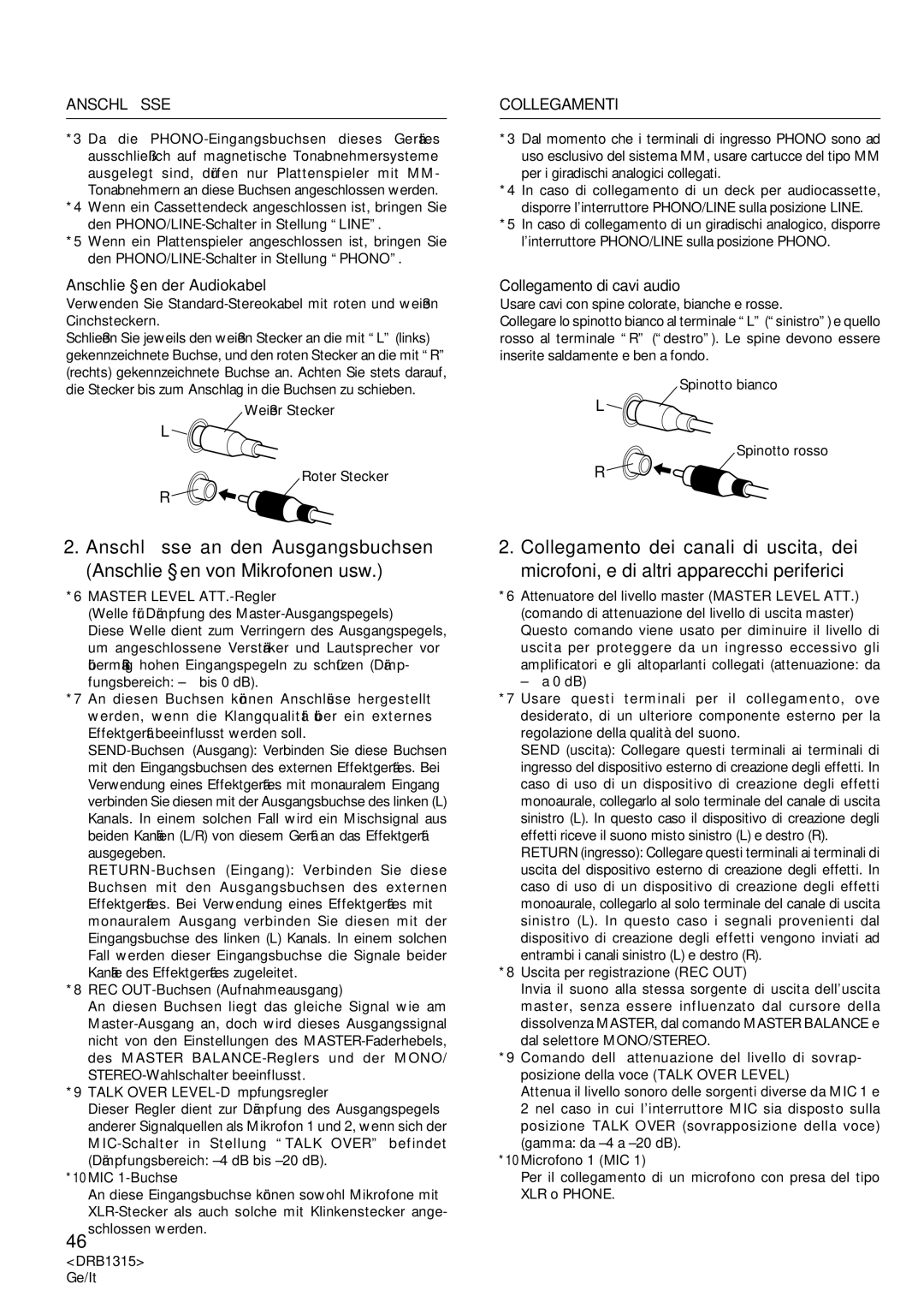 Pioneer DJM-3000 operating instructions Anschlüsse, Anschließen der Audiokabel, Collegamenti, Collegamento di cavi audio 