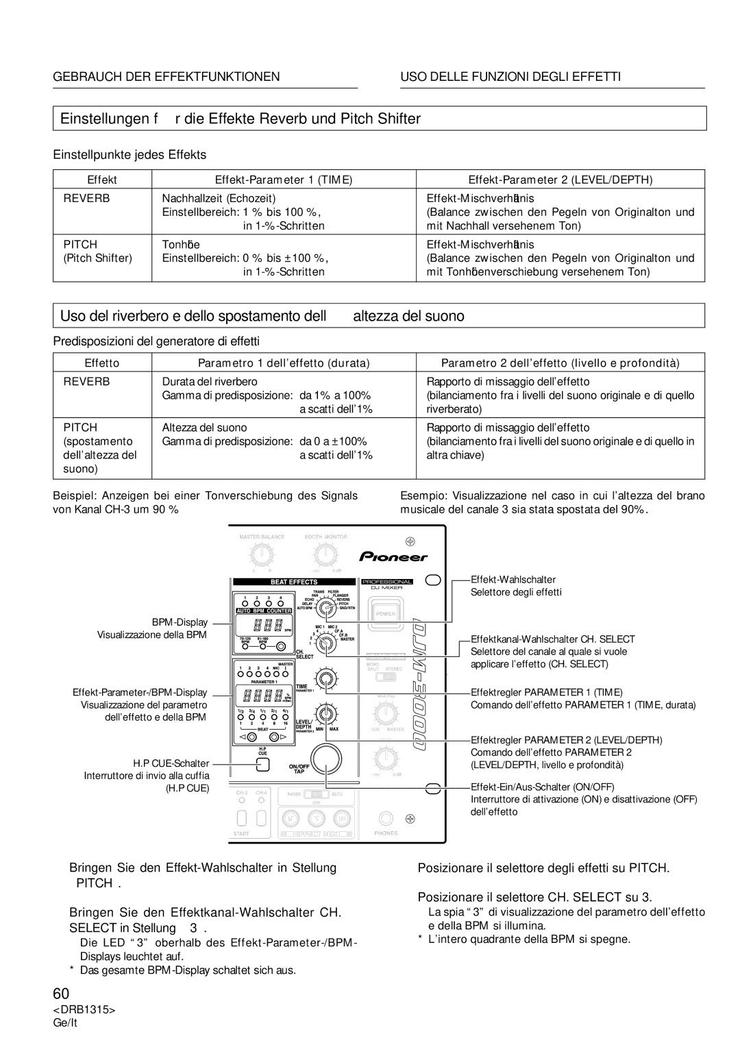 Pioneer DJM-3000 Einstellungen für die Effekte Reverb und Pitch Shifter, Predisposizioni del generatore di effetti 