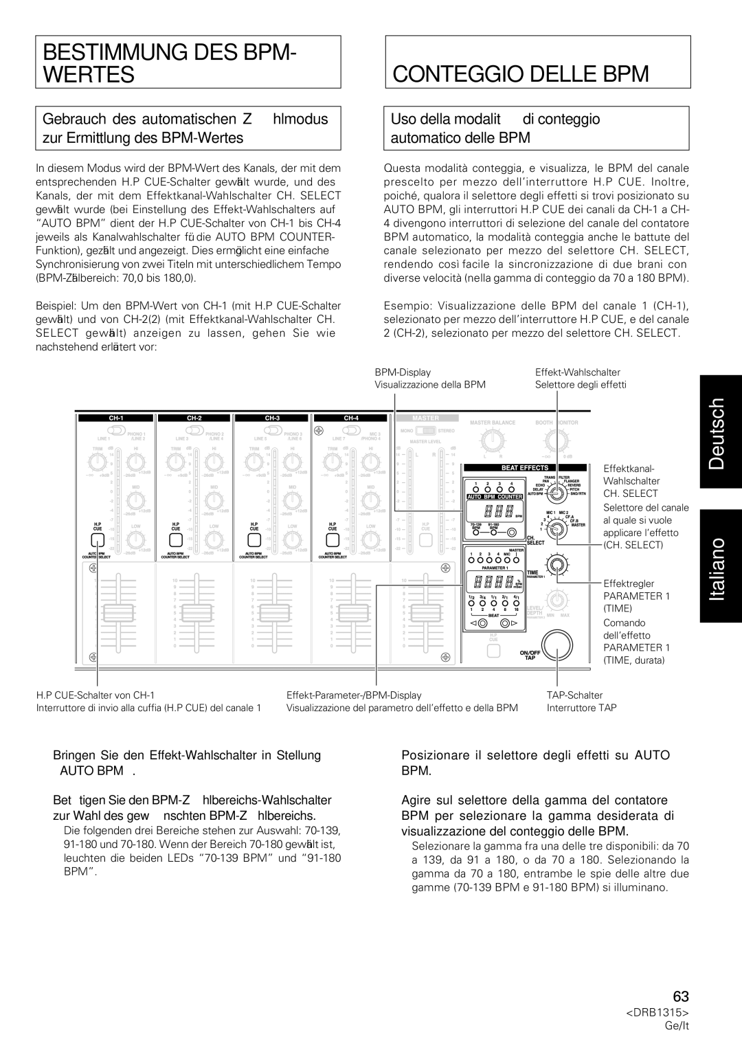 Pioneer DJM-3000 Bestimmung DES BPM- Wertes, Conteggio Delle BPM, Bringen Sie den Effekt-Wahlschalter in Stellung Auto BPM 