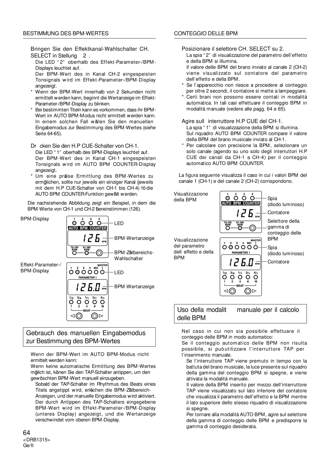 Pioneer DJM-3000 Uso della modalità manuale per il calcolo delle BPM, Bestimmung DES BPM-WERTES, Conteggio Delle BPM 