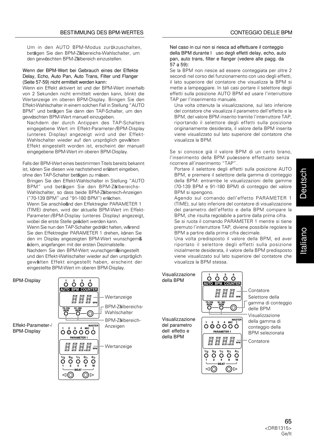 Pioneer DJM-3000 Effekt-Parameter-/ Anzeigen BPM-Display, Visualizzazione della BPM, Dell’effetto e, Della BPM 