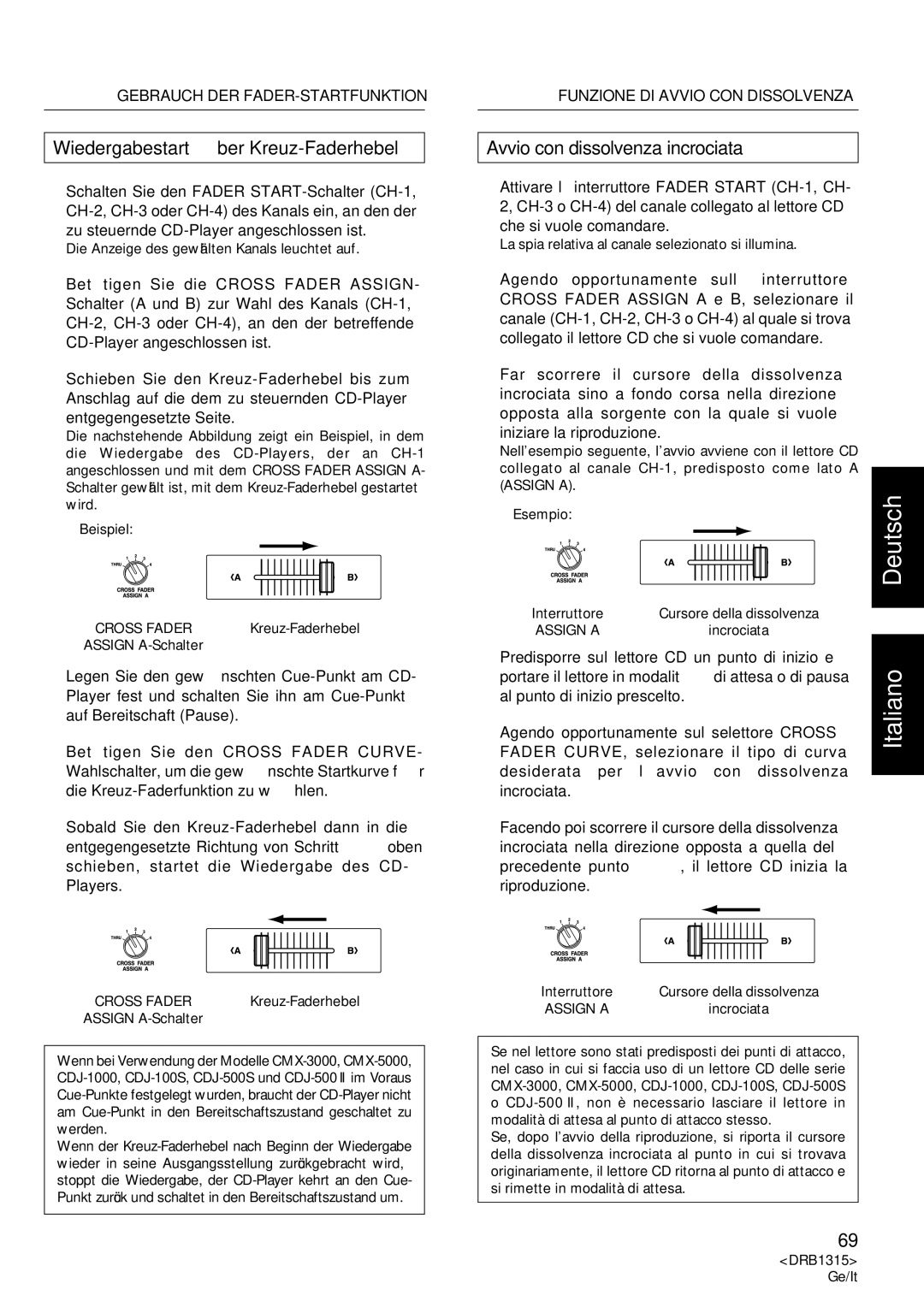 Pioneer DJM-3000 operating instructions Wiedergabestart über Kreuz-Faderhebel, Avvio con dissolvenza incrociata 