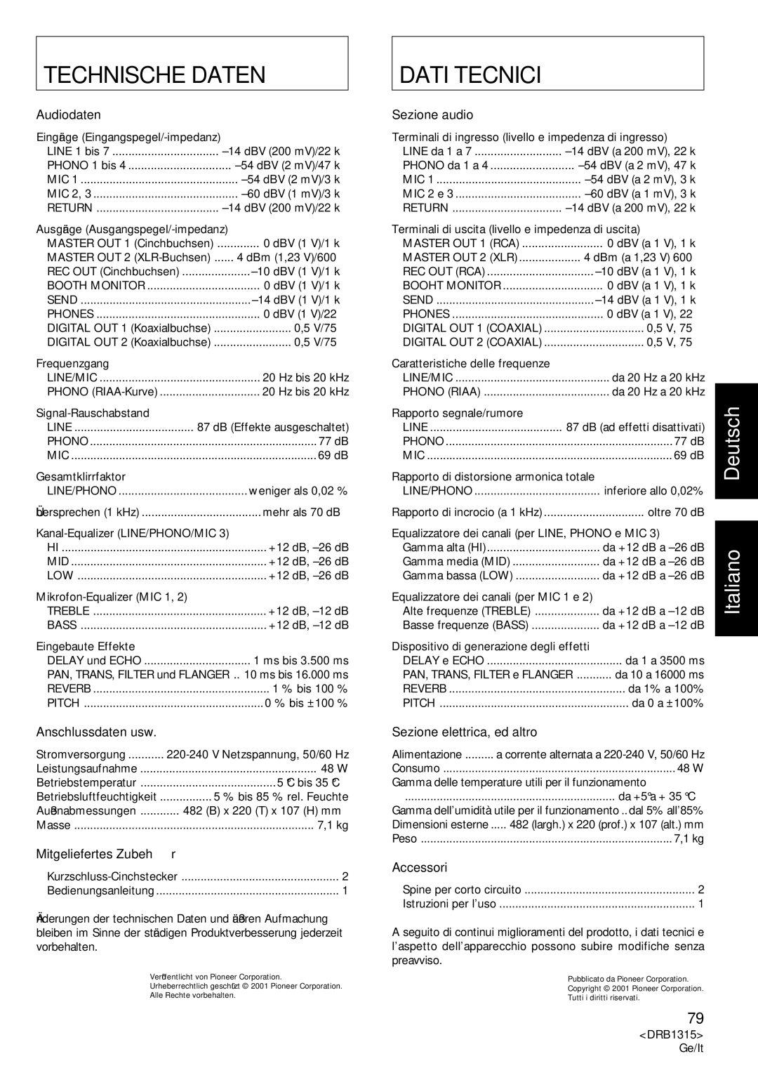 Pioneer DJM-3000 operating instructions Technische Daten, Dati Tecnici 