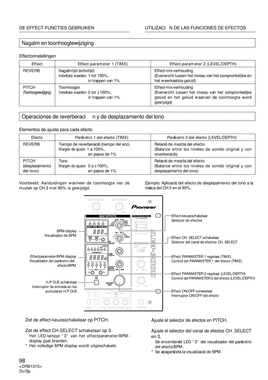 Pioneer DJM-3000 Nagalm en toonhoogtewijziging, Operaciones de reverberación y de desplazamiento del tono 