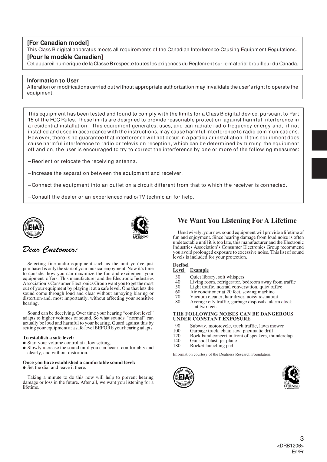 Pioneer DJM-300S operating instructions For Canadian model, Pour le modèle Canadien, Information to User 