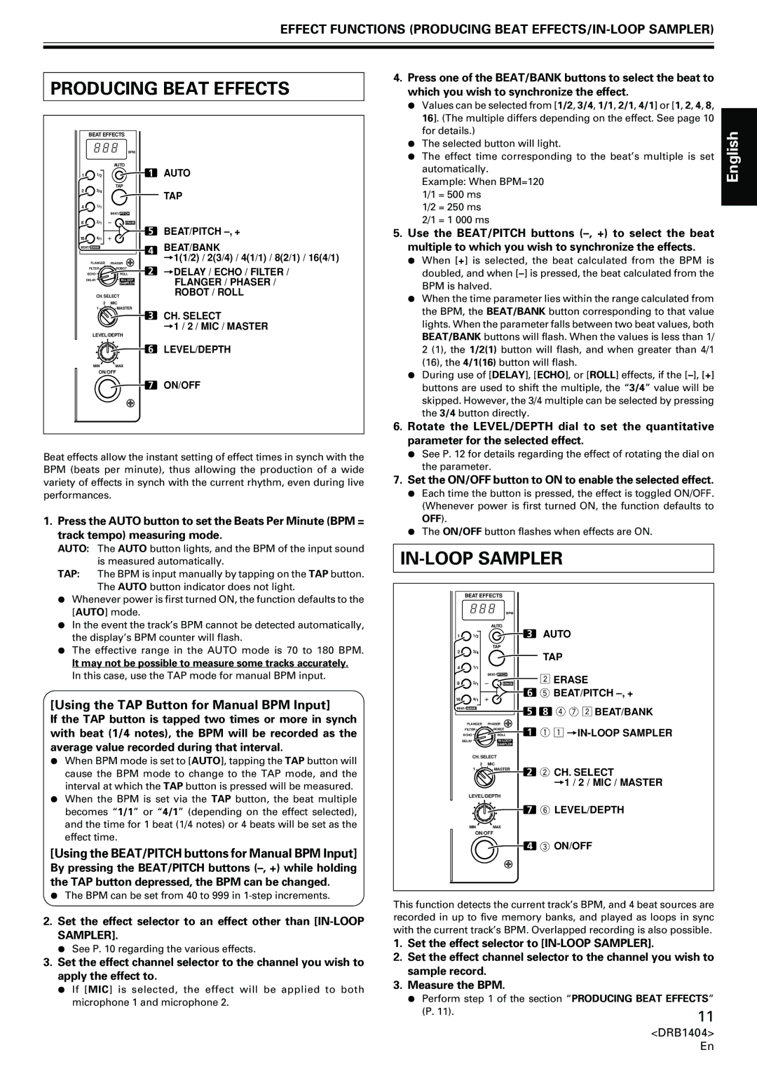 Pioneer DJM-400 operating instructions Producing Beat Effects, Effect Functions Producing Beat EFFECTS/IN-LOOP Sampler 