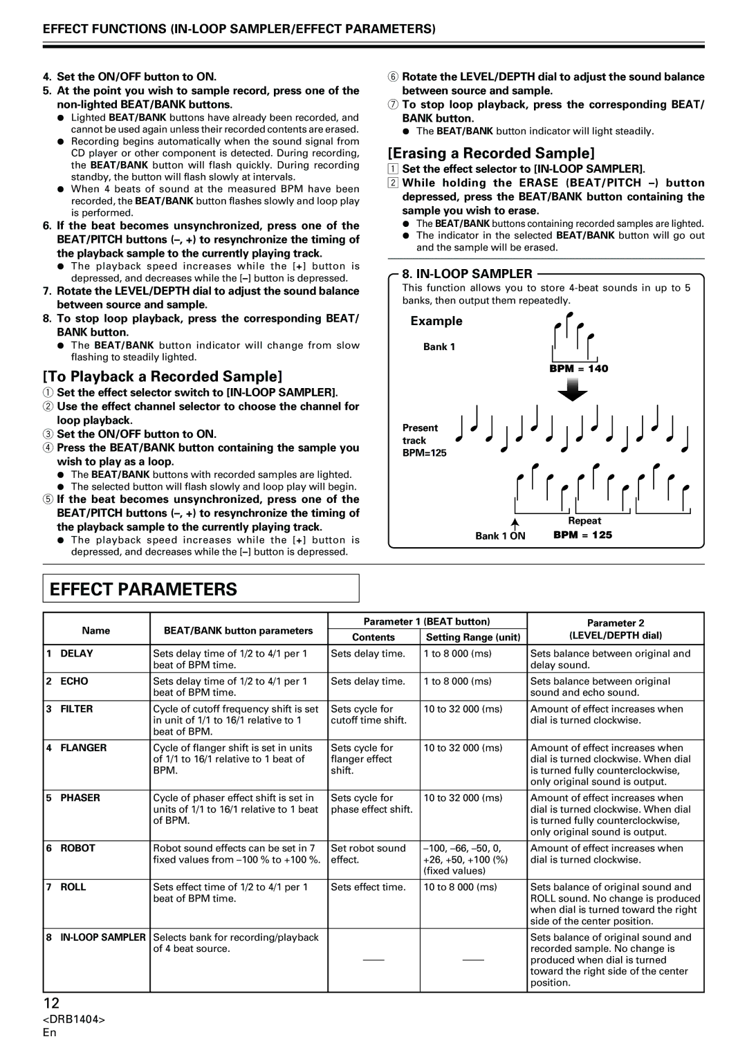 Pioneer DJM-400 Effect Parameters, To Playback a Recorded Sample, Erasing a Recorded Sample, IN-LOOP Sampler 