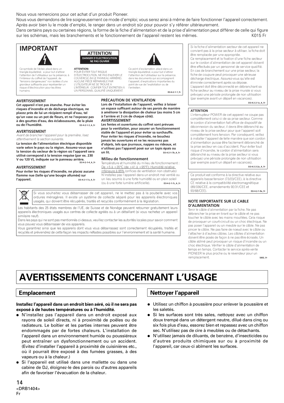 Pioneer DJM-400 Avertissements Concernant L’USAGE, Emplacement, Nettoyer l’appareil, Précaution DE Ventilation 