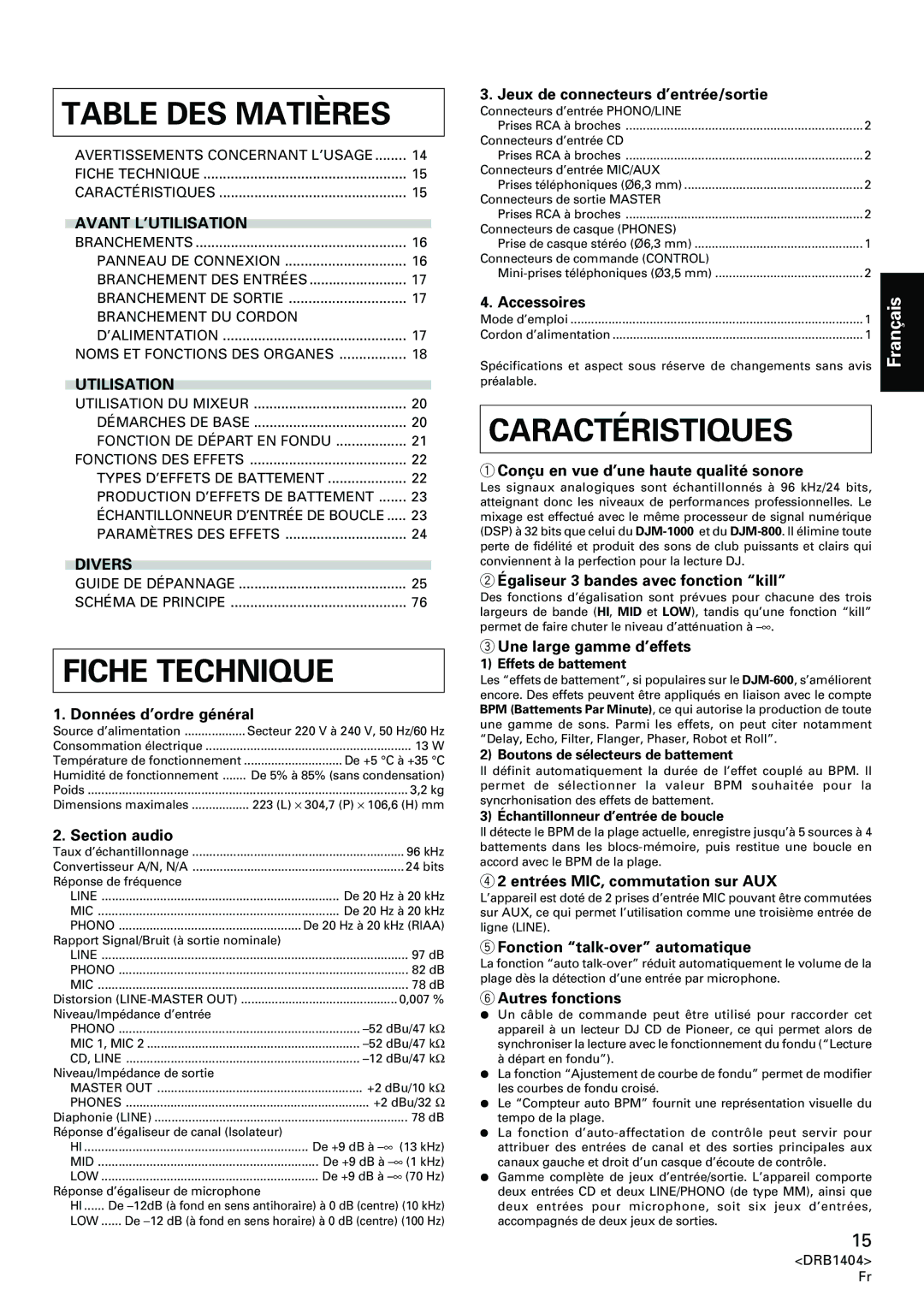 Pioneer DJM-400 operating instructions Table DES Matières, Caractéristiques, Avant L’UTILISATION, Utilisation, Divers 