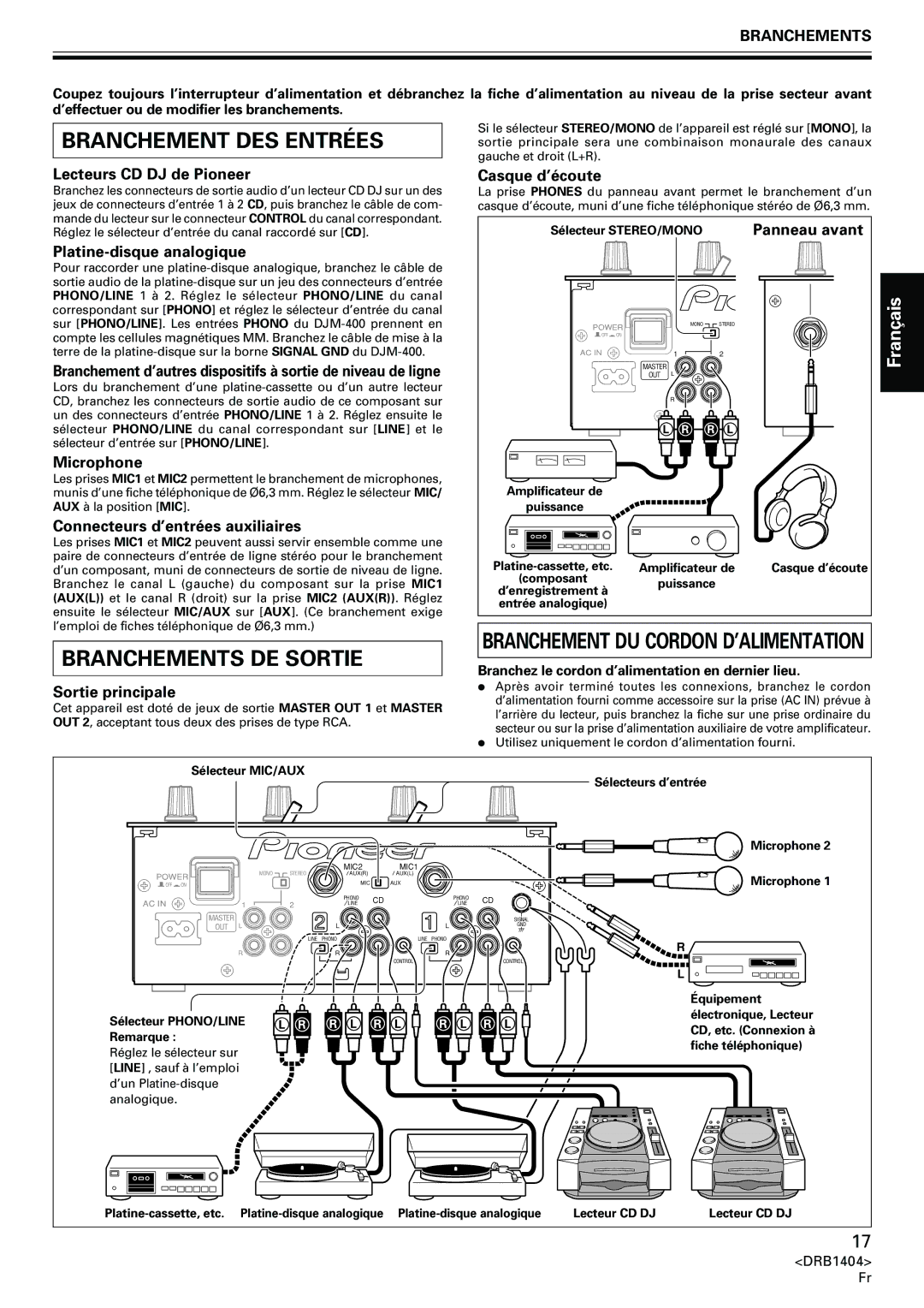 Pioneer DJM-400 operating instructions Branchement DES Entrées, Branchements DE Sortie, Français 