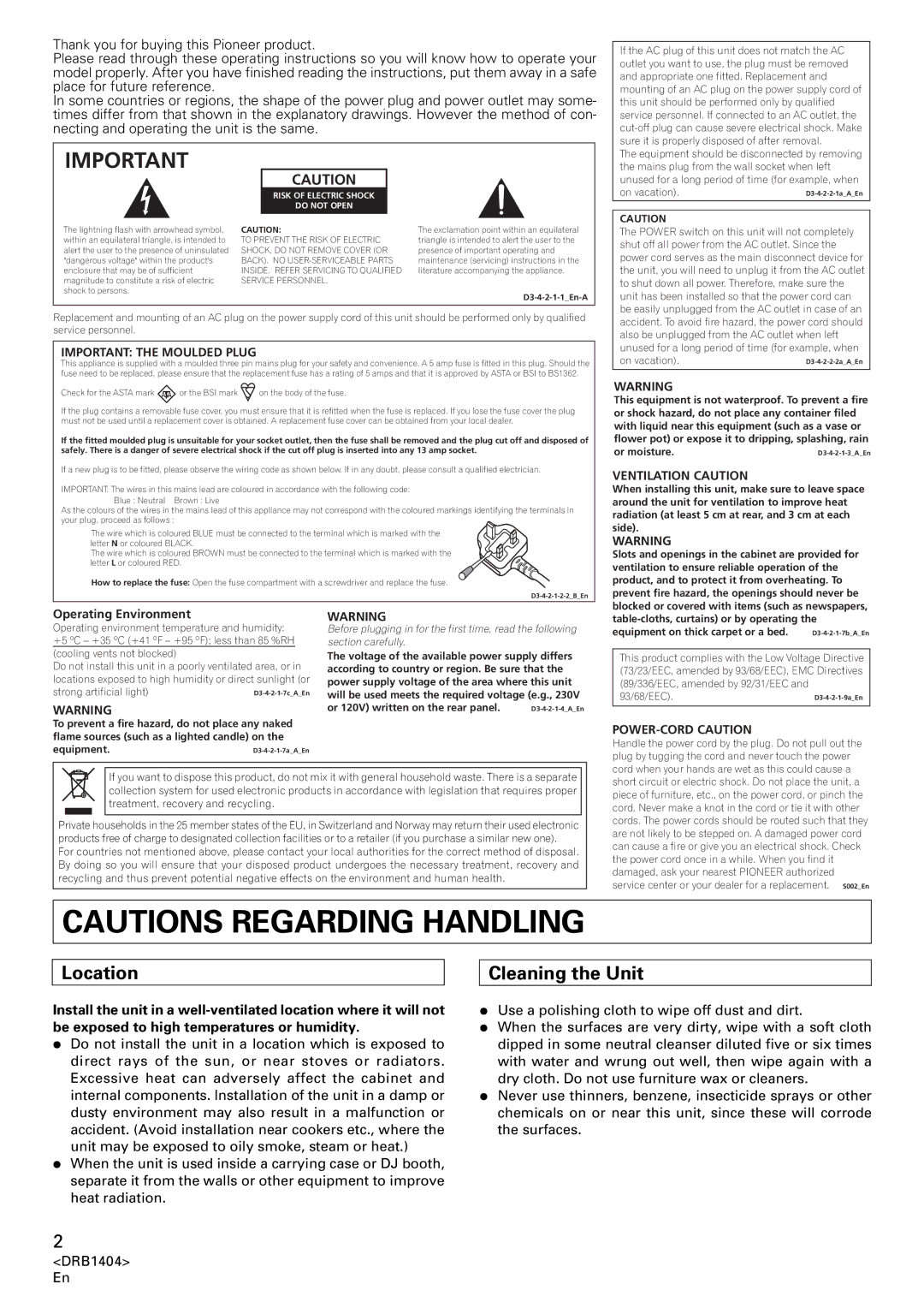 Pioneer DJM-400 Location, Cleaning the Unit, Important the Moulded Plug, Ventilation Caution, POWER-CORD Caution 