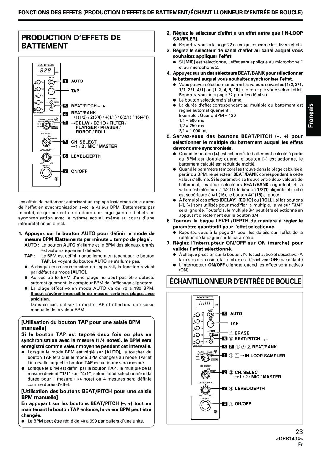 Pioneer DJM-400 operating instructions Production D’EFFETS DE Battement, Échantillonneur D’ENTRÉE DE Boucle 