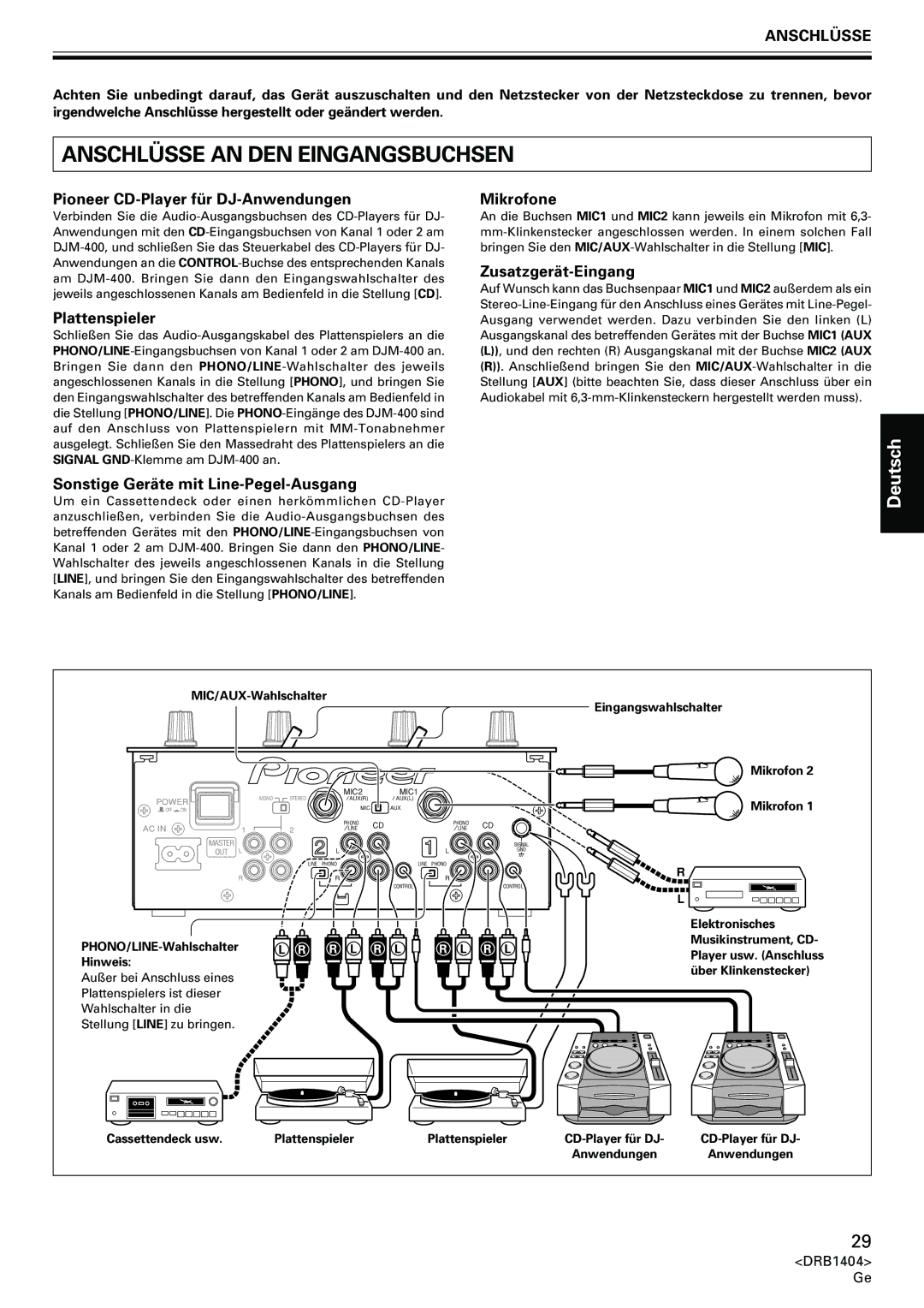 Pioneer DJM-400 operating instructions Anschlüsse AN DEN Eingangsbuchsen, Deutsch 