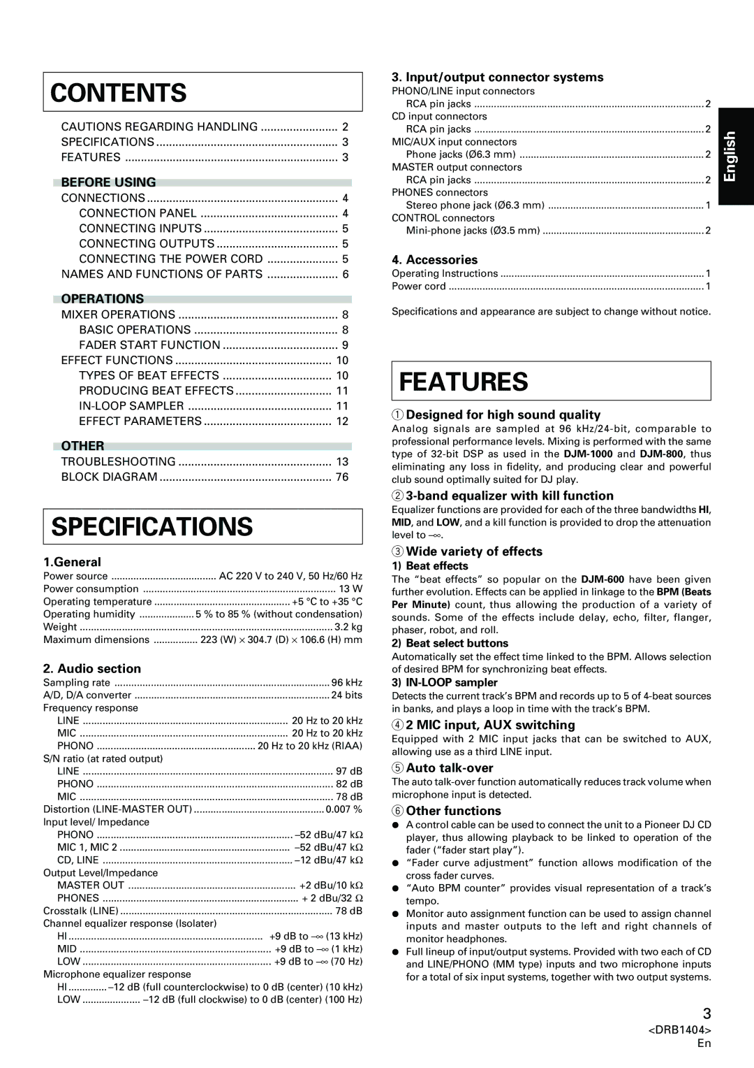 Pioneer DJM-400 operating instructions Contents, Features 