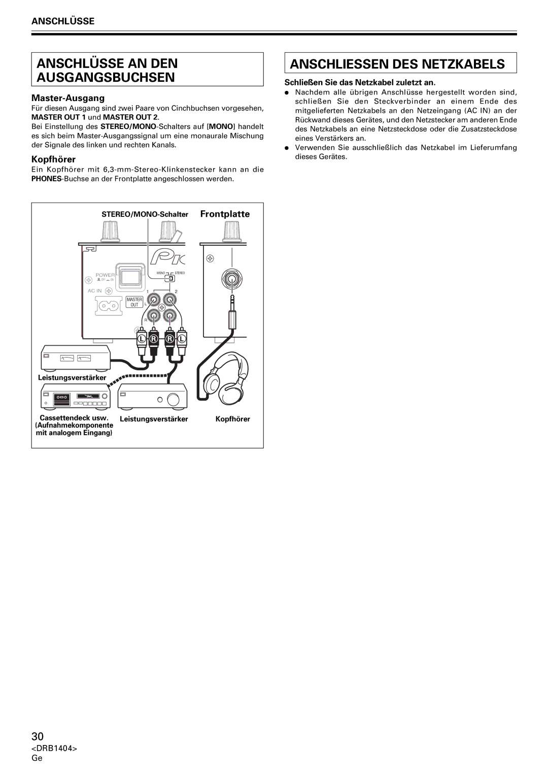 Pioneer DJM-400 Anschlüsse AN DEN Ausgangsbuchsen, Anschliessen DES Netzkabels, Master-Ausgang, Kopfhörer, Frontplatte 