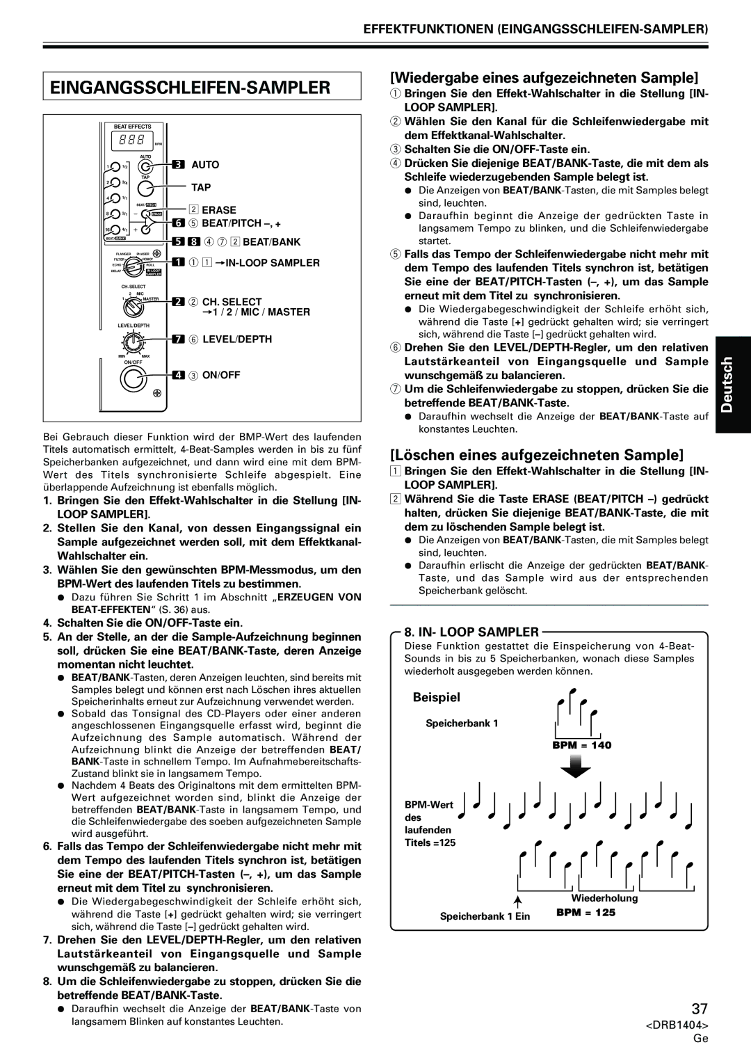 Pioneer DJM-400 Eingangsschleifen-Sampler, Wiedergabe eines aufgezeichneten Sample, Löschen eines aufgezeichneten Sample 