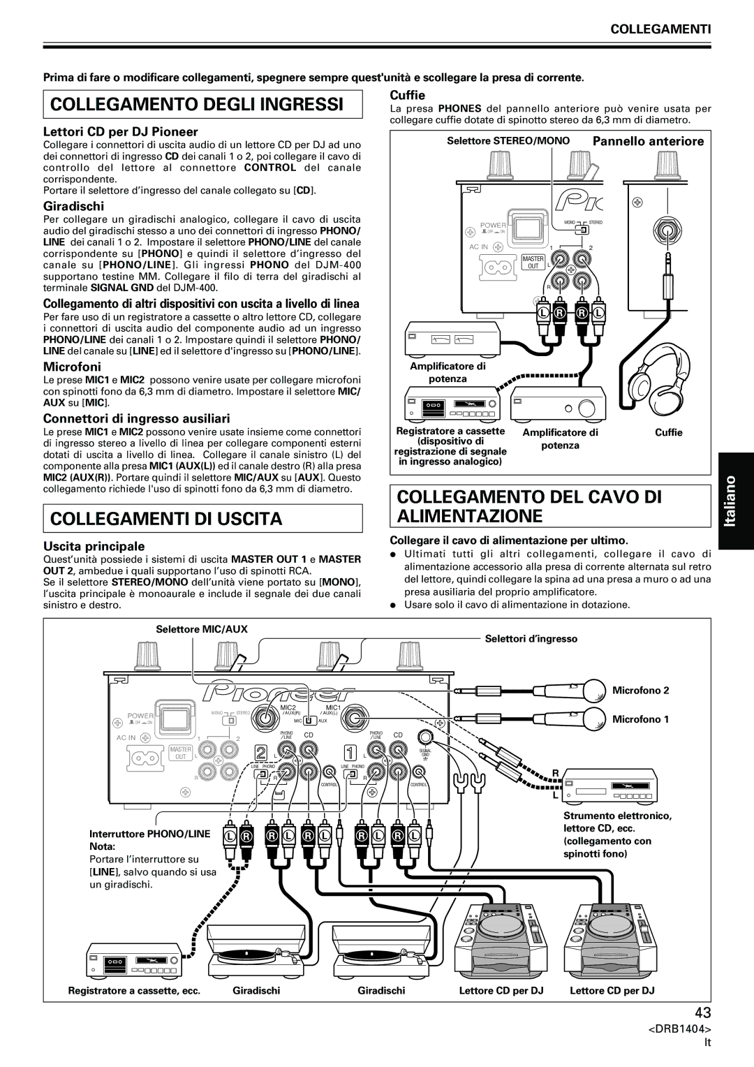 Pioneer DJM-400 Collegamento Degli Ingressi, Collegamenti DI Uscita, Collegamento DEL Cavo DI Alimentazione, Italiano 