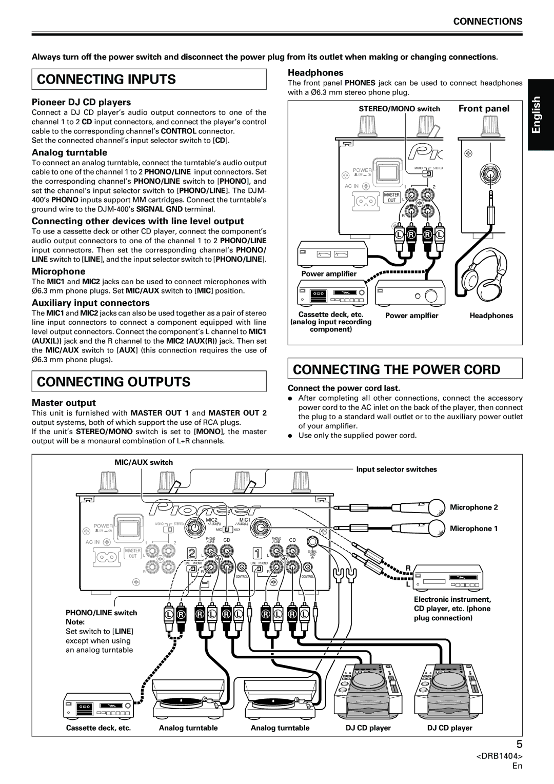 Pioneer DJM-400 operating instructions Connecting Inputs, Connecting Outputs, Connecting the Power Cord, English 