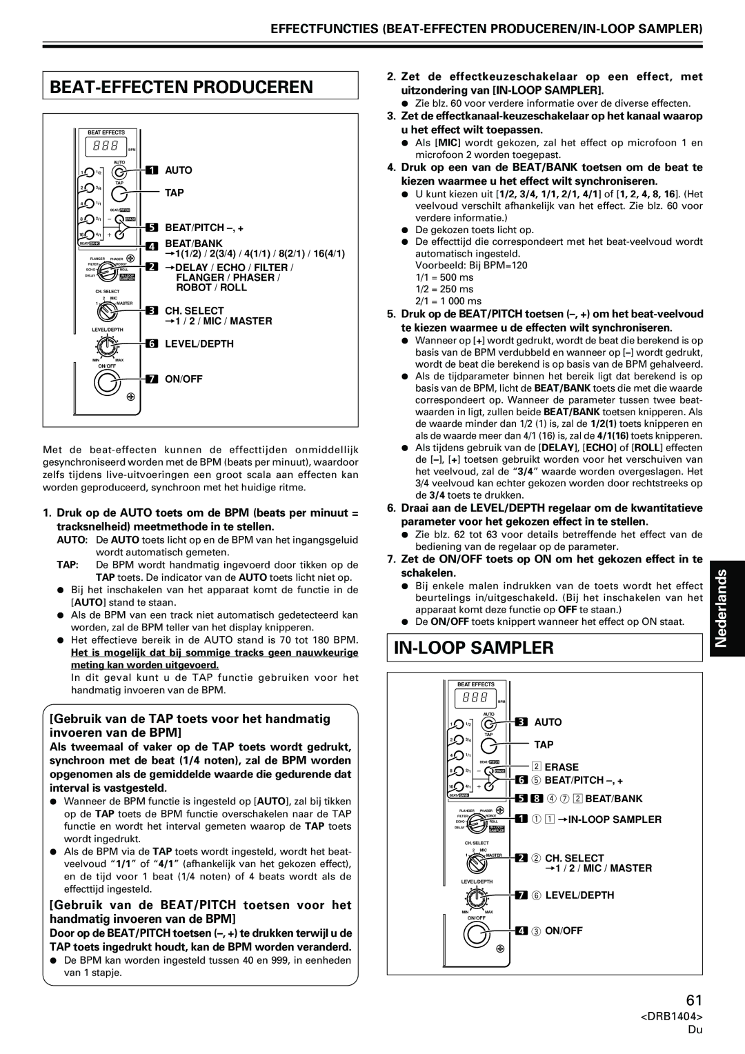 Pioneer DJM-400 BEAT-EFFECTEN Produceren, Effectfuncties BEAT-EFFECTEN PRODUCEREN/IN-LOOP Sampler, Schakelen 