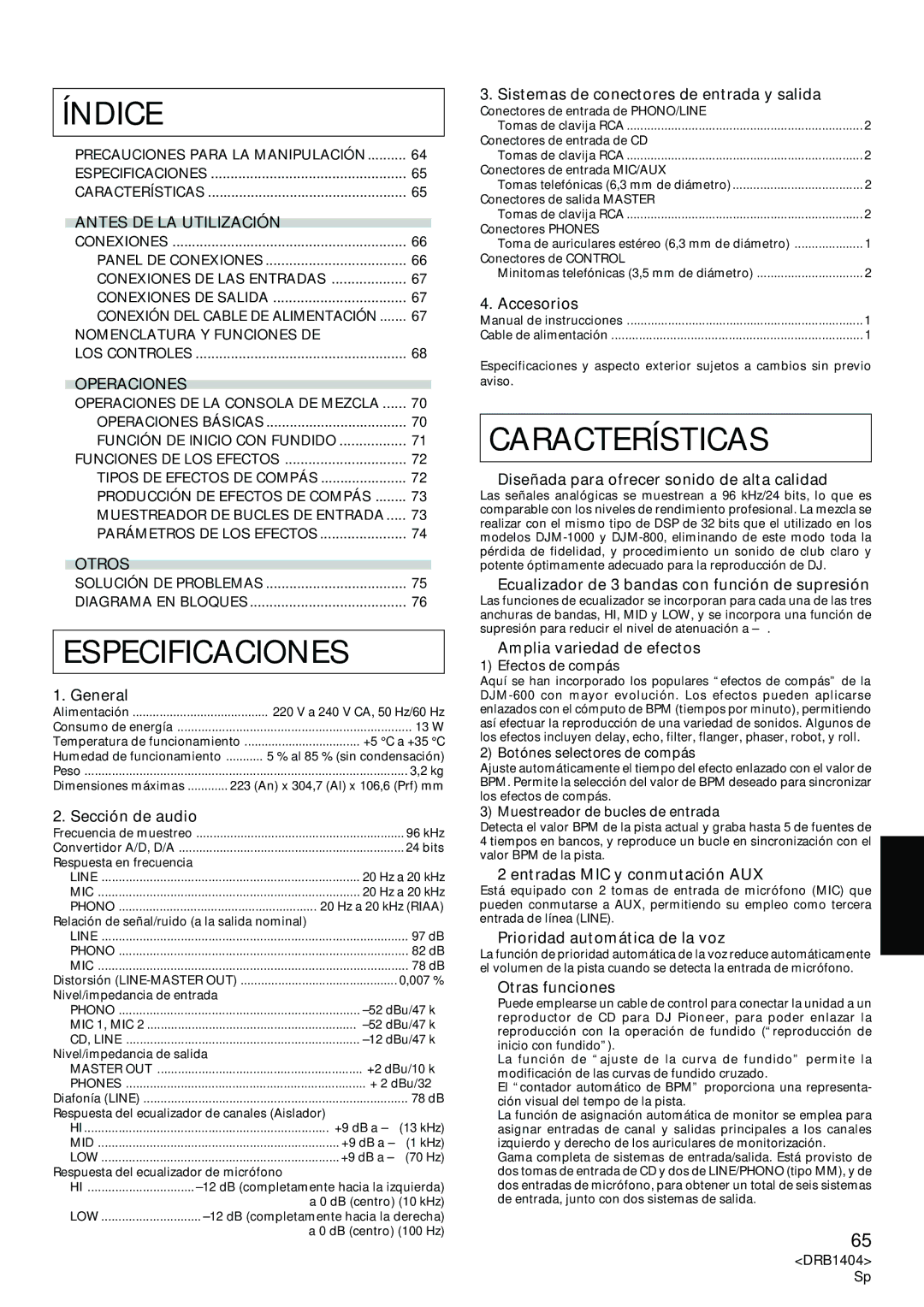 Pioneer DJM-400 operating instructions Índice, Especificaciones, Características, Ñol 