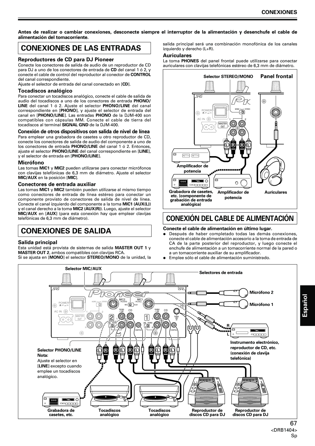 Pioneer DJM-400 operating instructions Conexiones DE LAS Entradas, Conexiones DE Salida, Español 