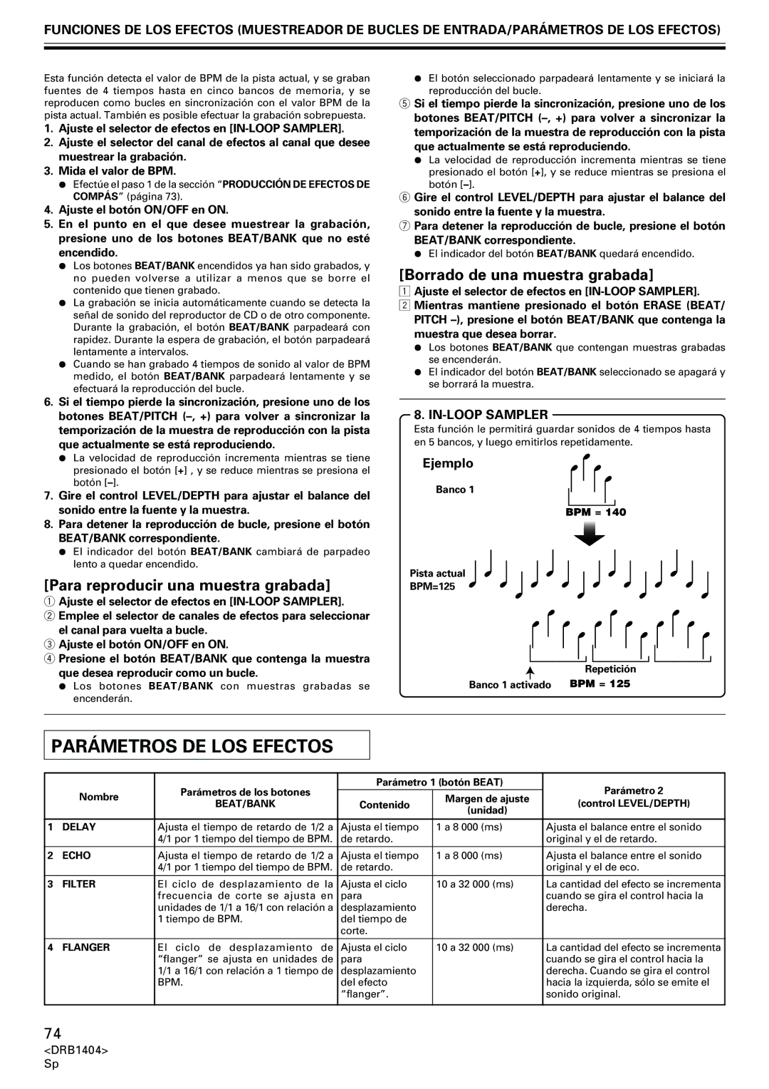 Pioneer DJM-400 Parámetros DE LOS Efectos, Para reproducir una muestra grabada, Borrado de una muestra grabada, Beat/Bank 