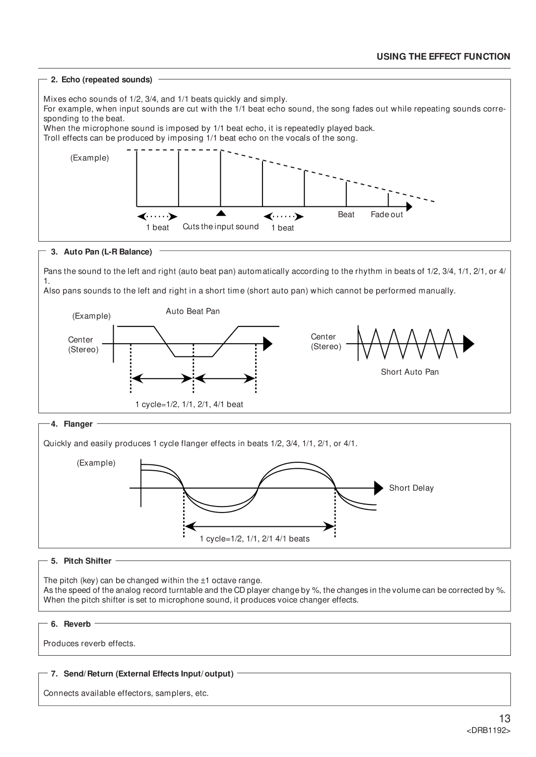 Pioneer DJM-500 operating instructions Echo repeated sounds, Auto Pan L-R Balance, Flanger, Pitch Shifter, Reverb 