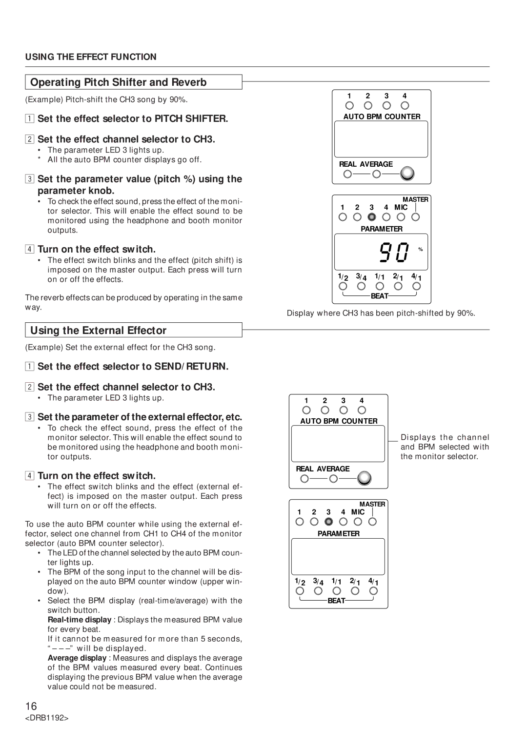 Pioneer DJM-500 operating instructions Operating Pitch Shifter and Reverb, Using the External Effector 