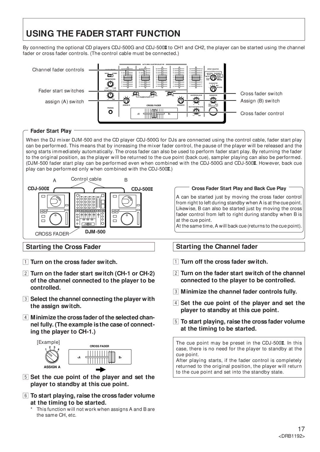 Pioneer DJM-500 Using the Fader Start Function, Starting the Cross Fader Starting the Channel fader, Fader Start Play 