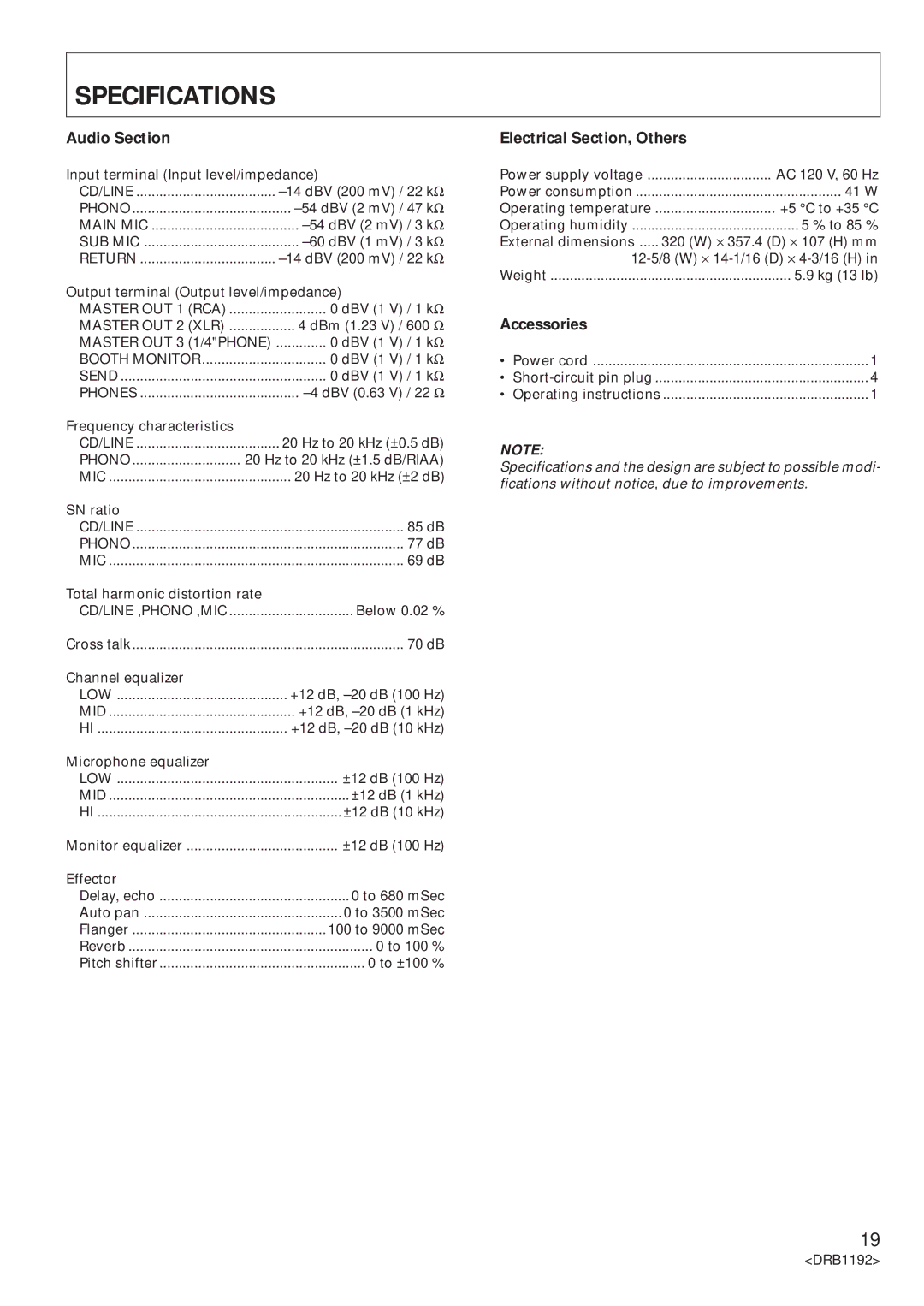 Pioneer DJM-500 operating instructions Specifications, Audio Section, Electrical Section, Others, Accessories 