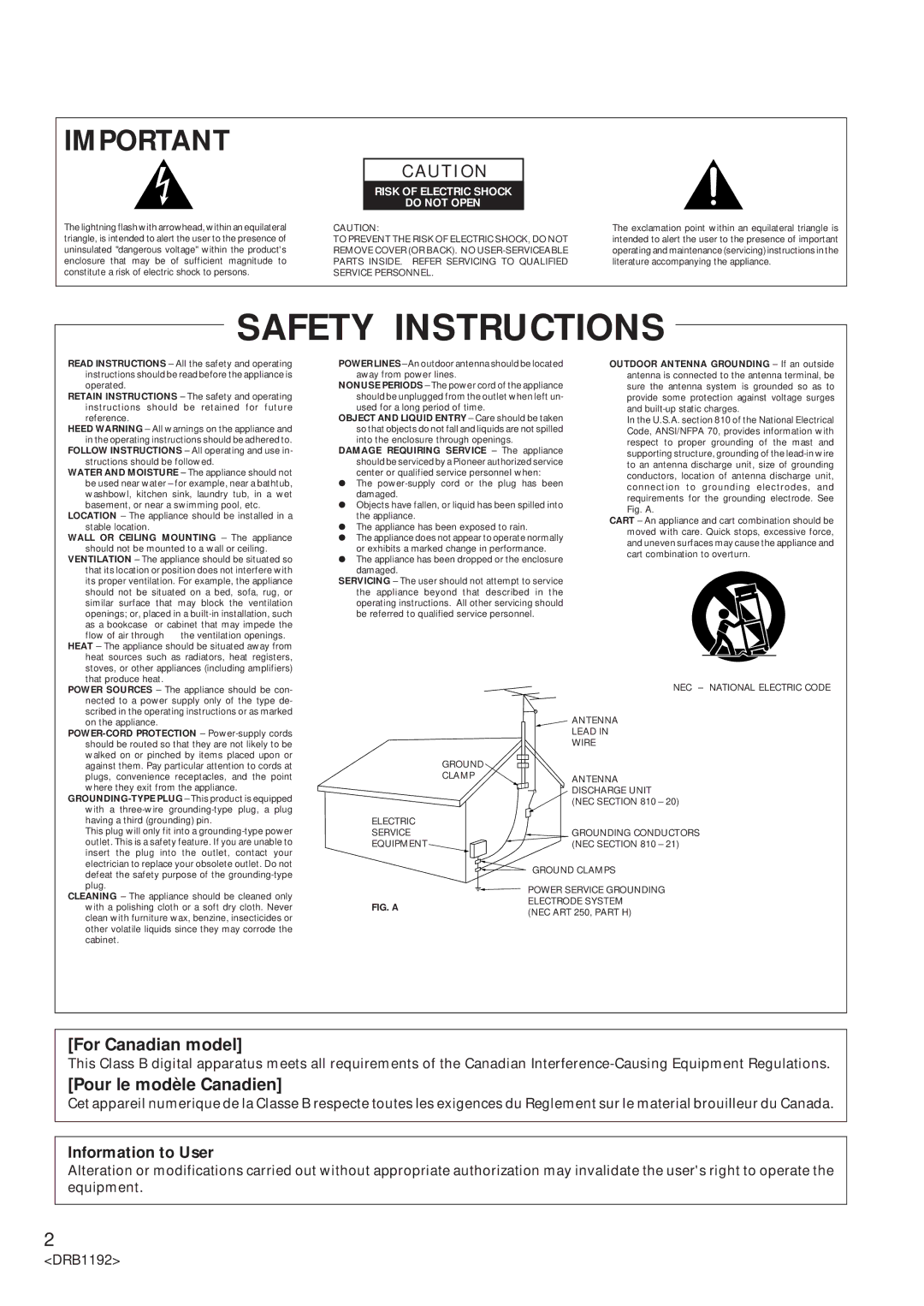 Pioneer DJM-500 operating instructions For Canadian model, Pour le modèle Canadien, Information to User 