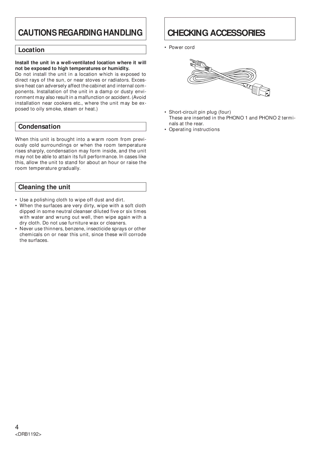 Pioneer DJM-500 operating instructions Checking Accessories, Location, Condensation, Cleaning the unit 