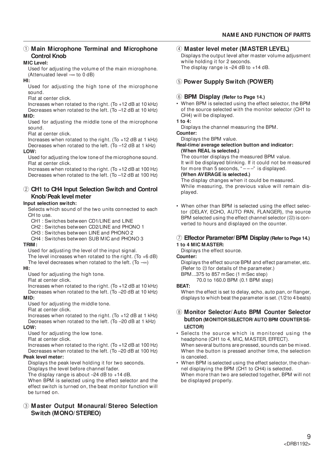 Pioneer DJM-500 operating instructions Main Microphone Terminal and Microphone Control Knob, Power Supply Switch Power 