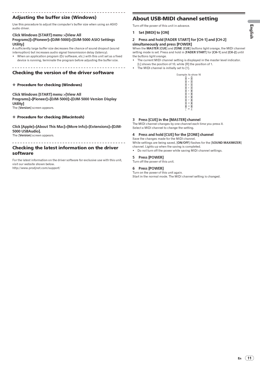 Pioneer DJM-5000 operating instructions About USB-MIDI channel setting, Adjusting the buffer size Windows 