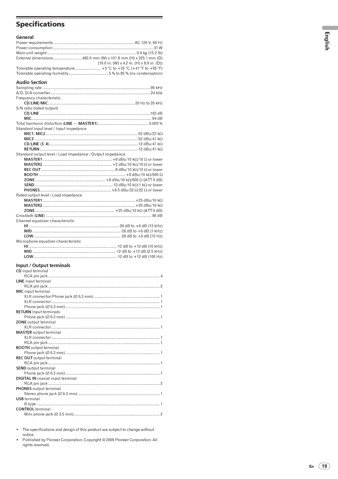 Pioneer DJM-5000 operating instructions Specifications, General, Audio Section, Input / Output terminals 